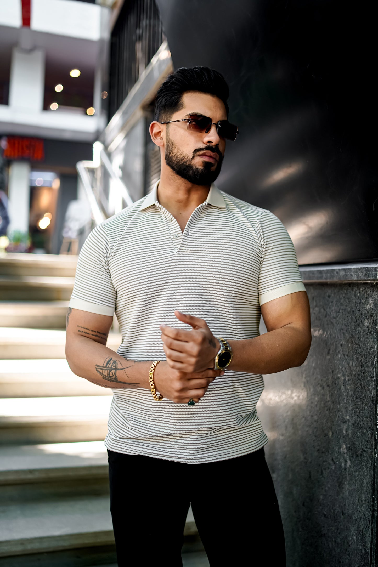 Light Grey Luxe Striped Polo T-Shirt