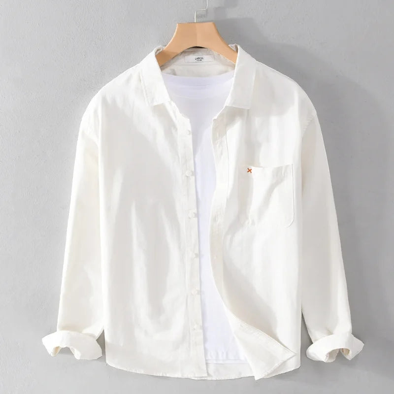 Japan Style Simple Solid Color Long Sleeve Shirt For Men ( White )