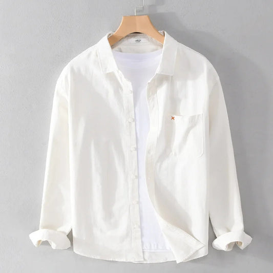 Japan Style Simple Solid Color Long Sleeve Shirt For Men ( White )