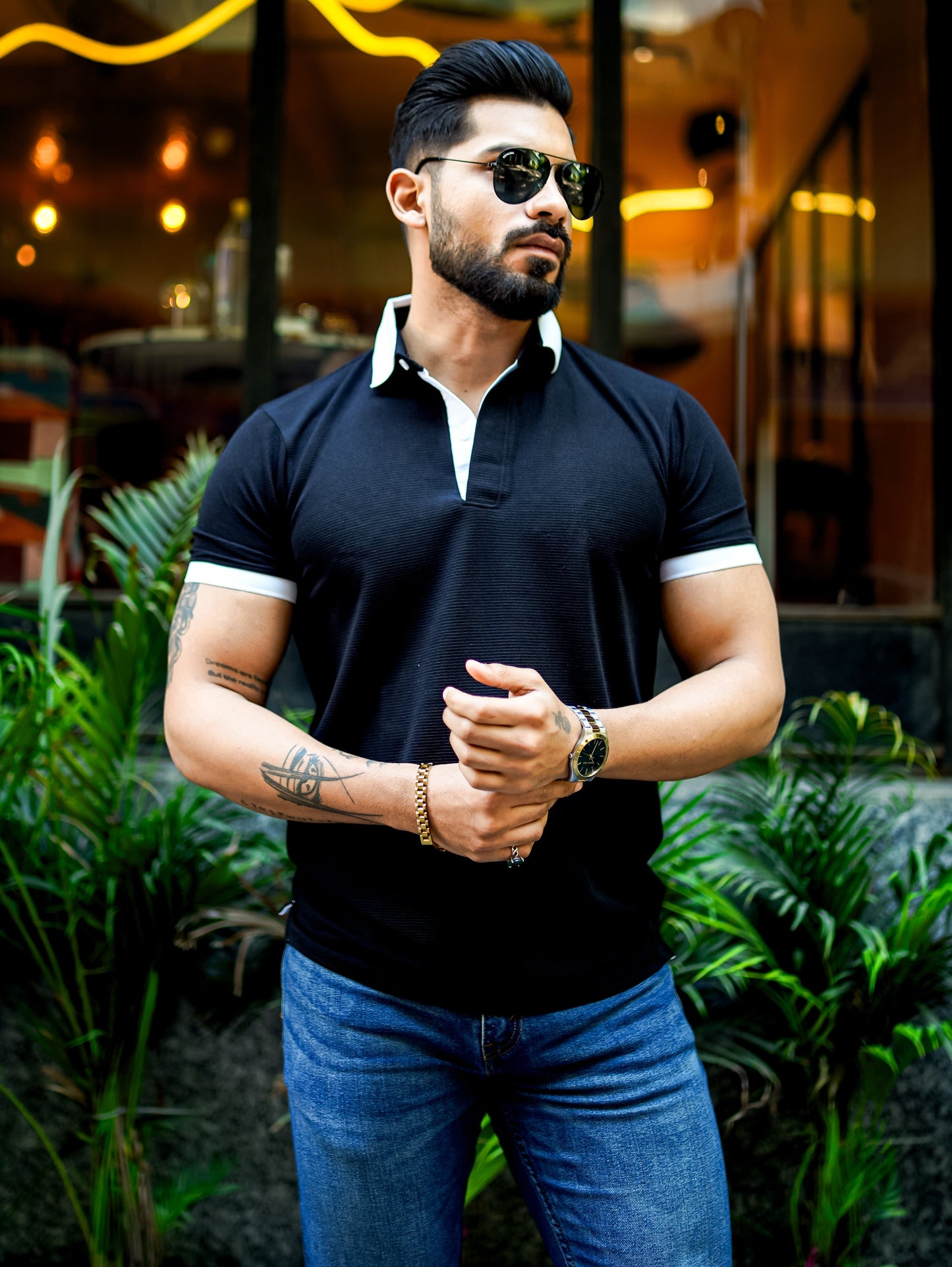 Weffi Black Textured Polo T-Shirt