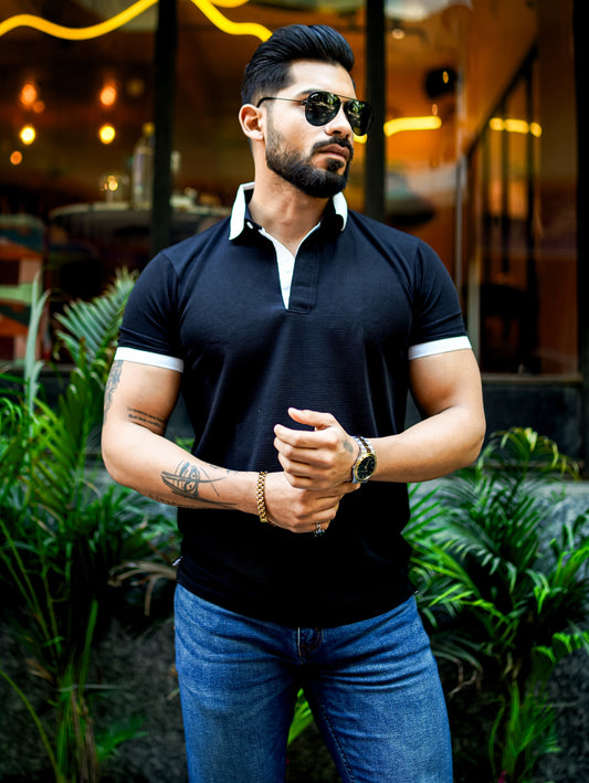 Weffi Black Textured Polo T-Shirt