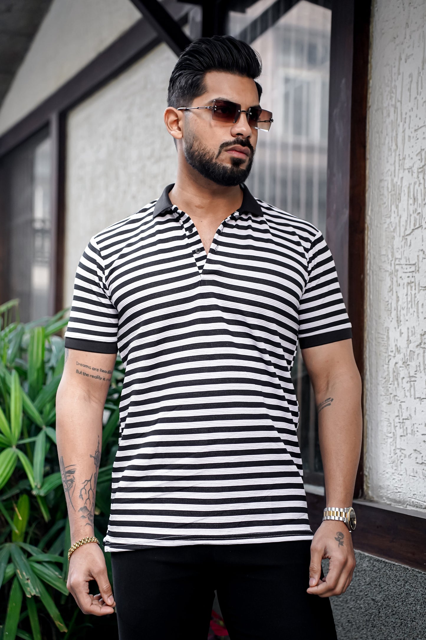 Black Striped Half Sleeve Premium Polo T-Shirt