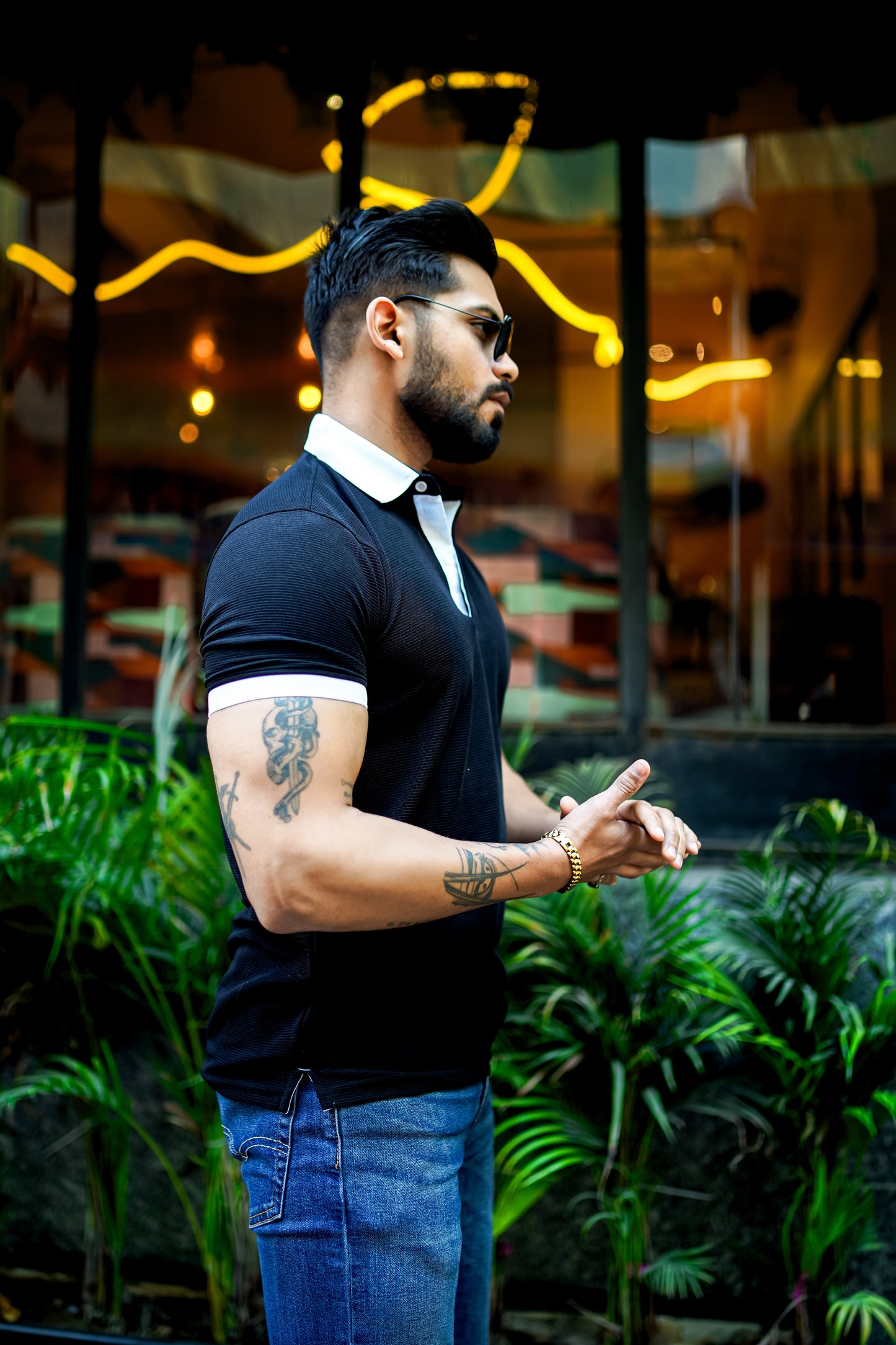 Weffi Black Textured Polo T-Shirt