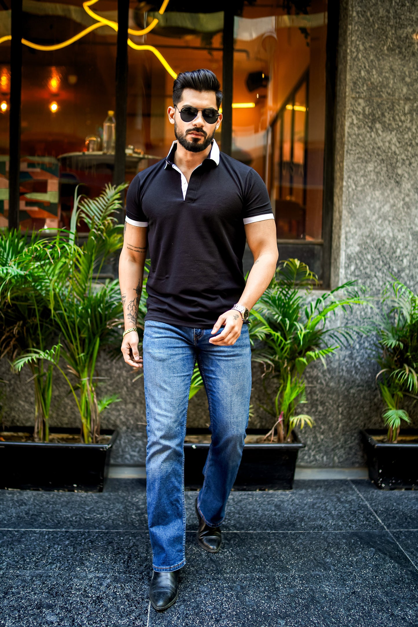 Weffi Black Textured Polo T-Shirt