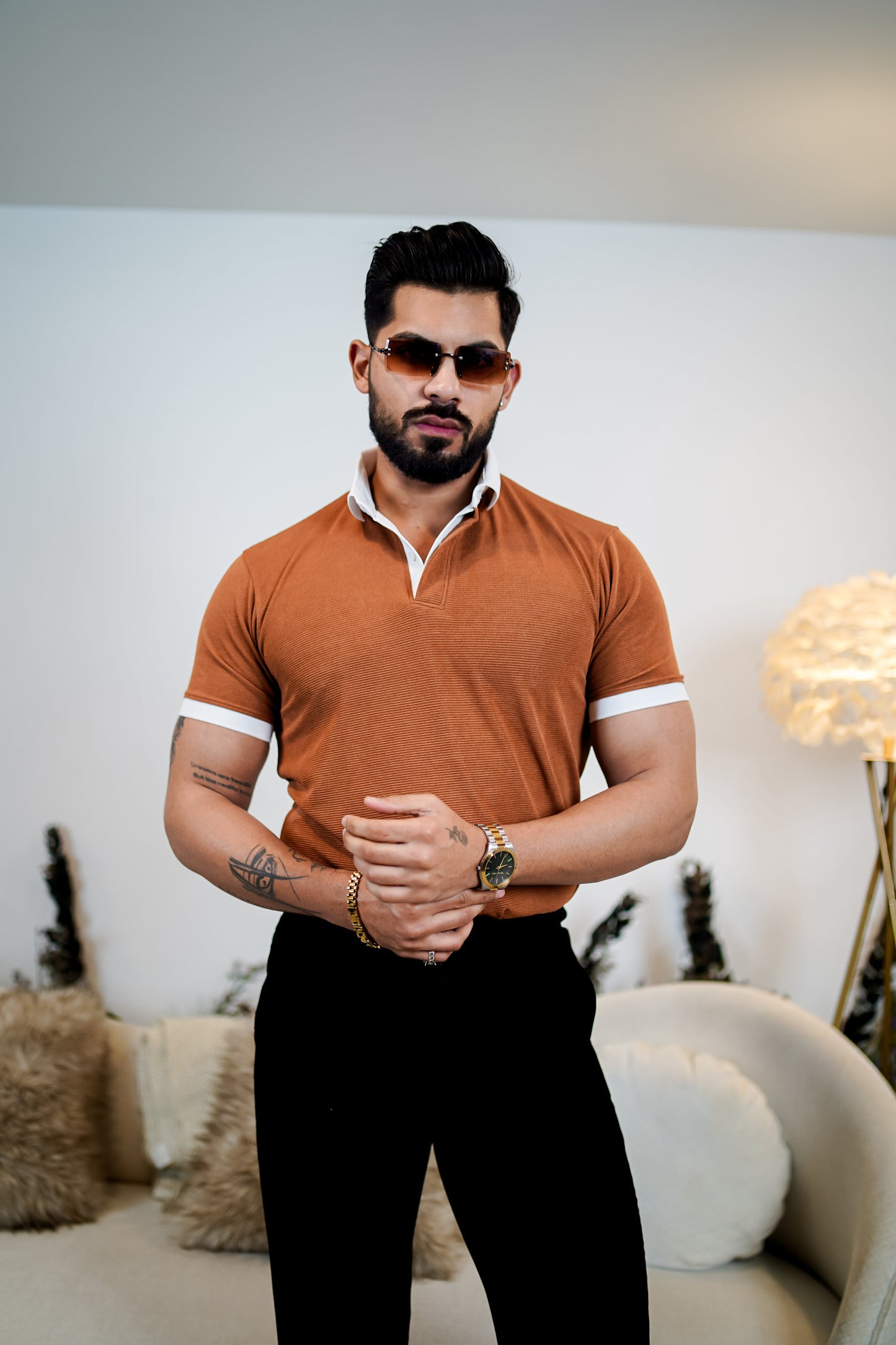 Weffi Brown Textured Polo T-Shirt