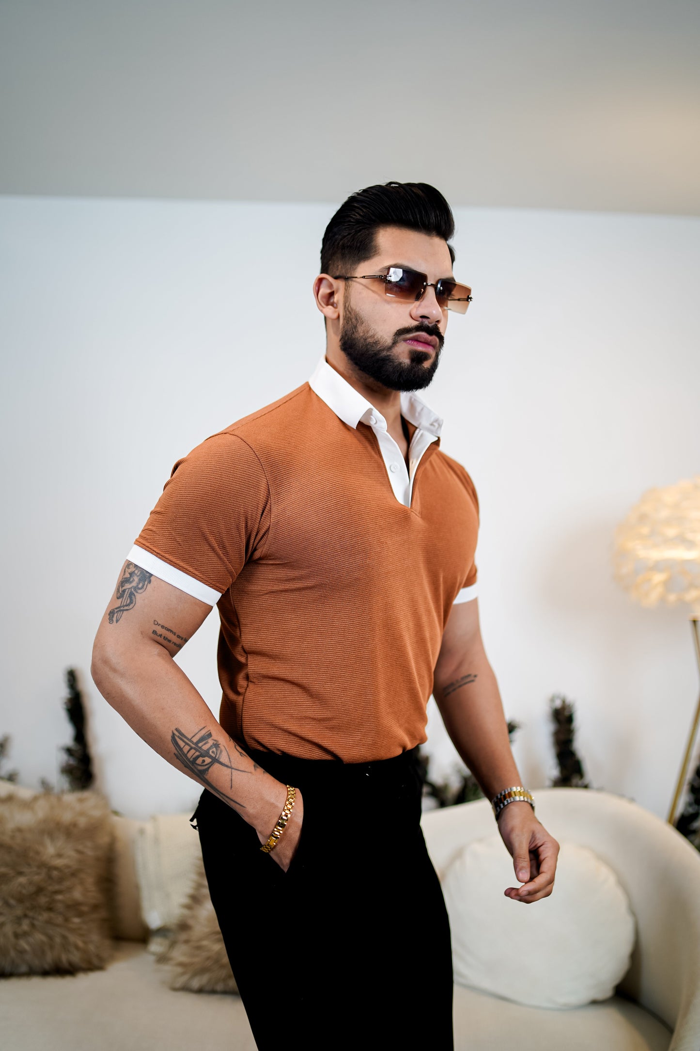 Weffi Brown Textured Polo T-Shirt