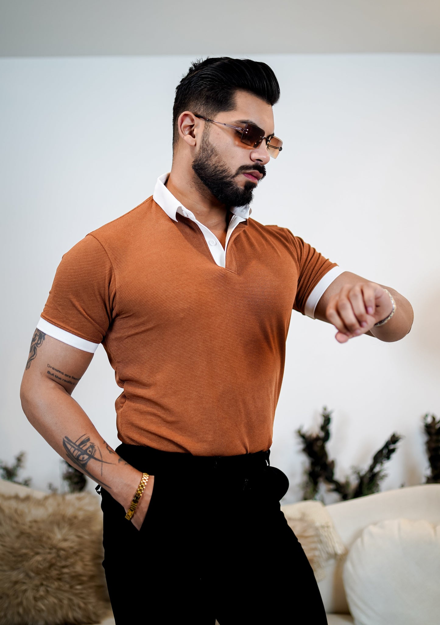 Weffi Brown Textured Polo T-Shirt