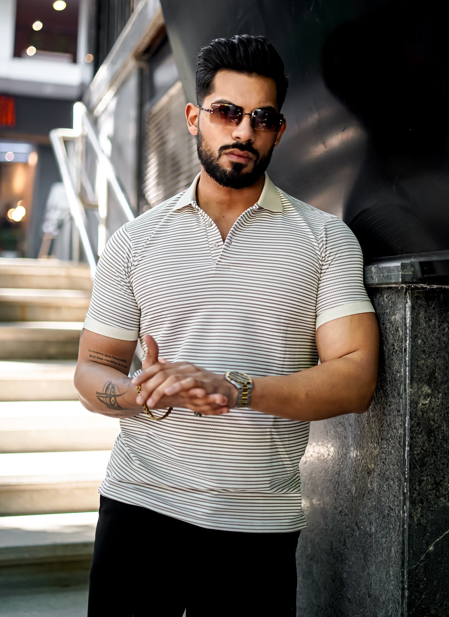 Light Grey Luxe Striped Polo T-Shirt