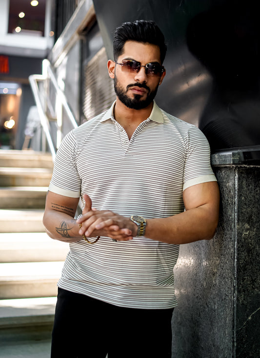 Light Grey Luxe Striped Polo T-Shirt