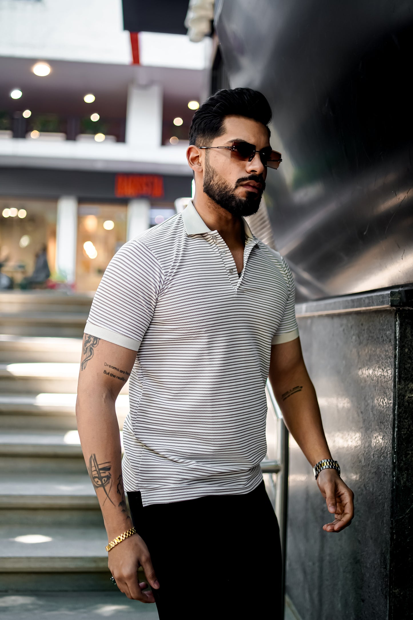 Light Grey Luxe Striped Polo T-Shirt