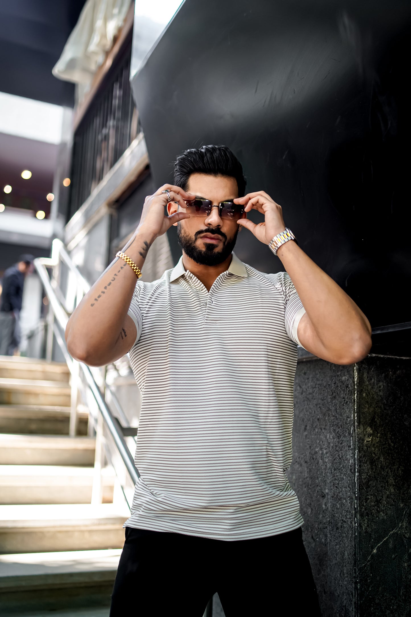 Light Grey Luxe Striped Polo T-Shirt