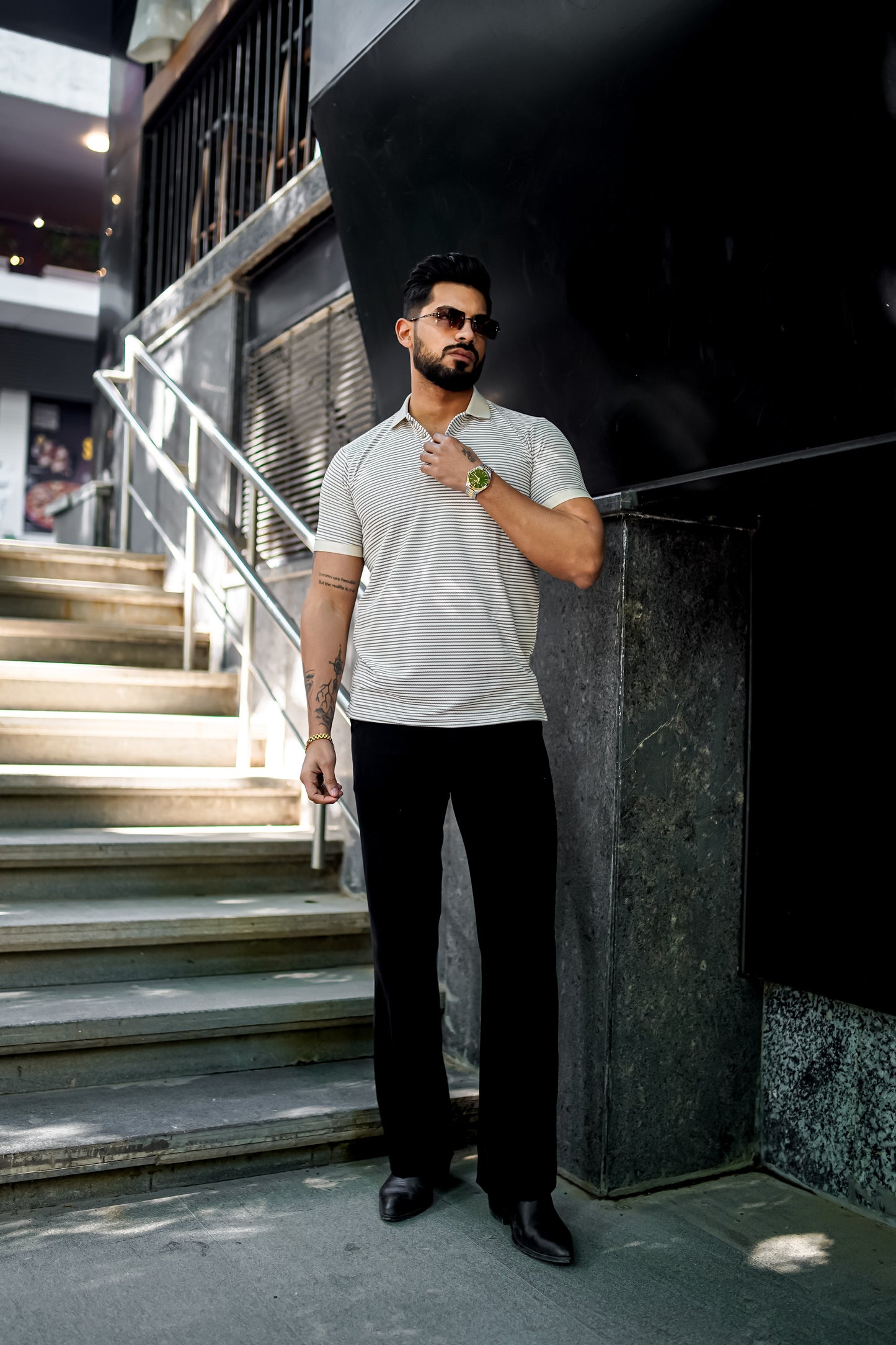 Light Grey Luxe Striped Polo T-Shirt