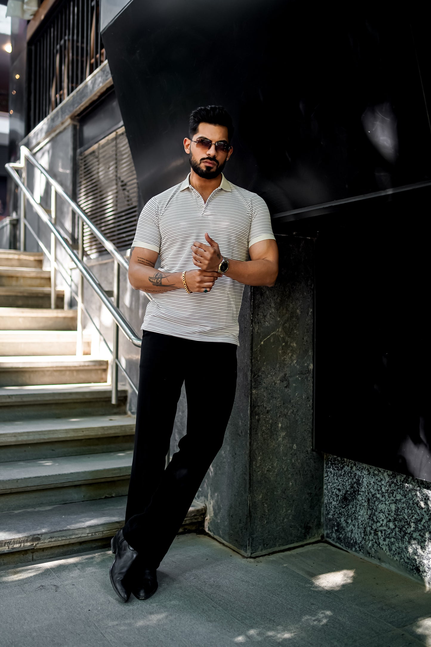 Light Grey Luxe Striped Polo T-Shirt