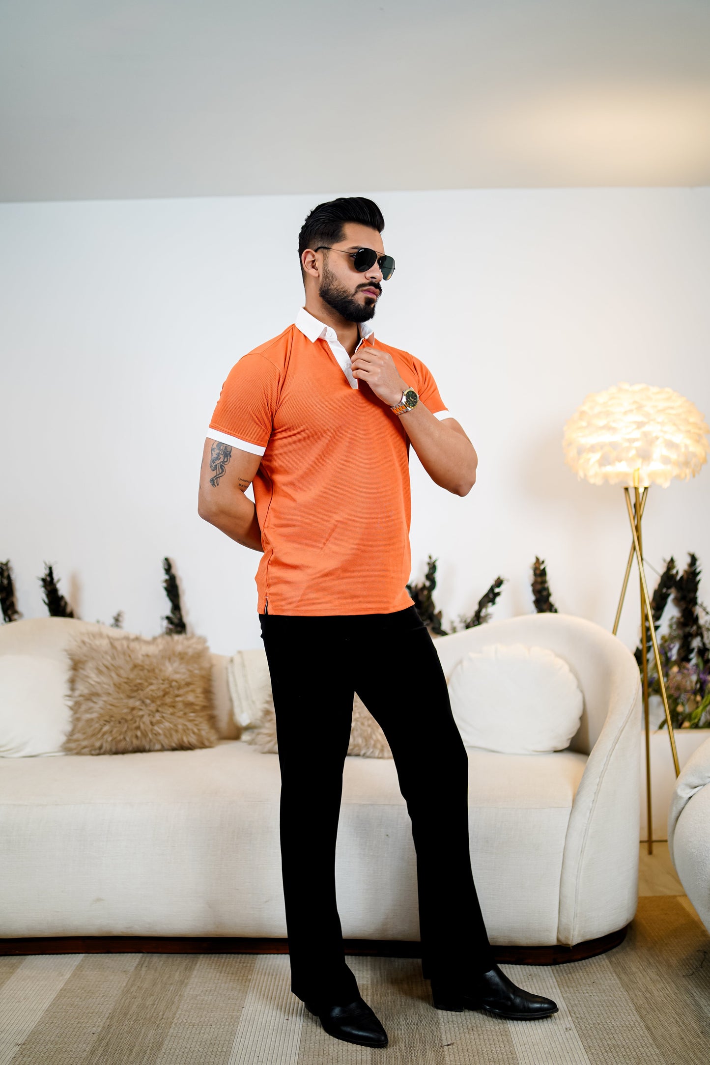 Weffi Orange Textured Polo T-Shirt