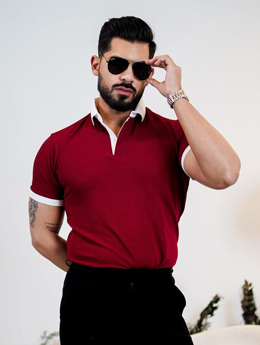 Weffi Red Textured Polo T-Shirt