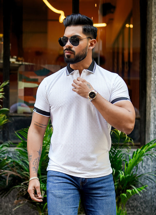 Textured Luxe White Polo T Shirt - Tailored Fit