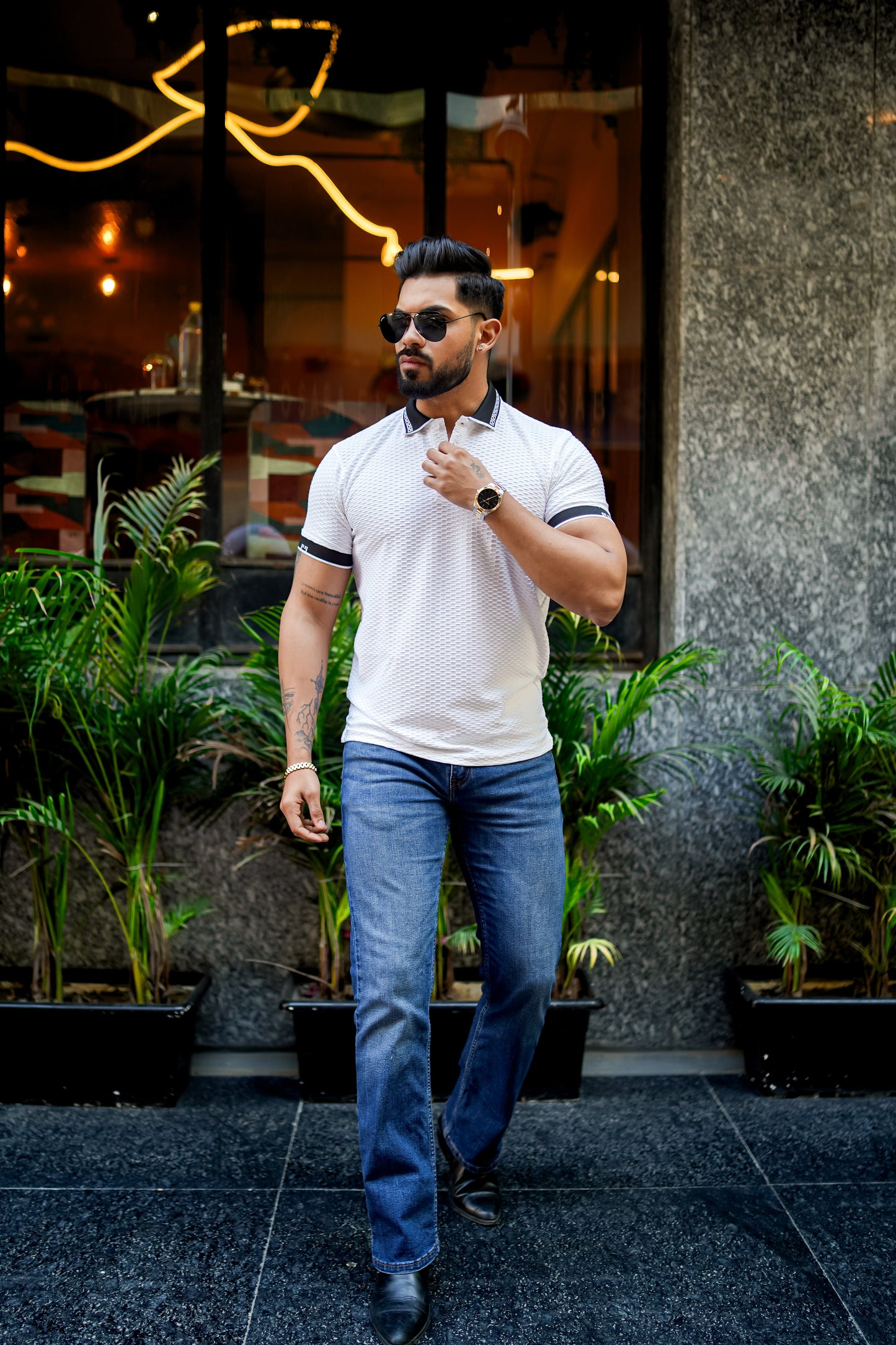 Textured Luxe White Polo T Shirt - Tailored Fit